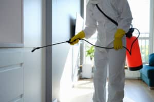 Exterminator is spraying for bug prevention.