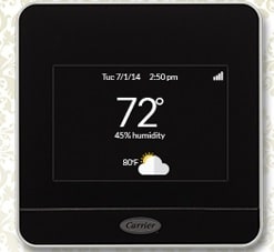 square smart thermometer showing weather