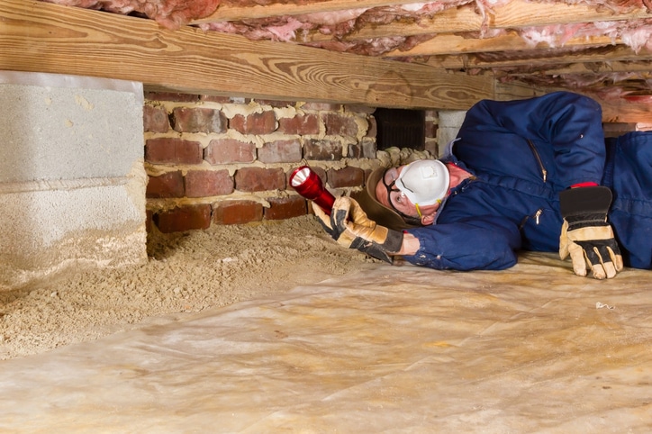 Termite inspector in residential crawl space performs termite treatment.